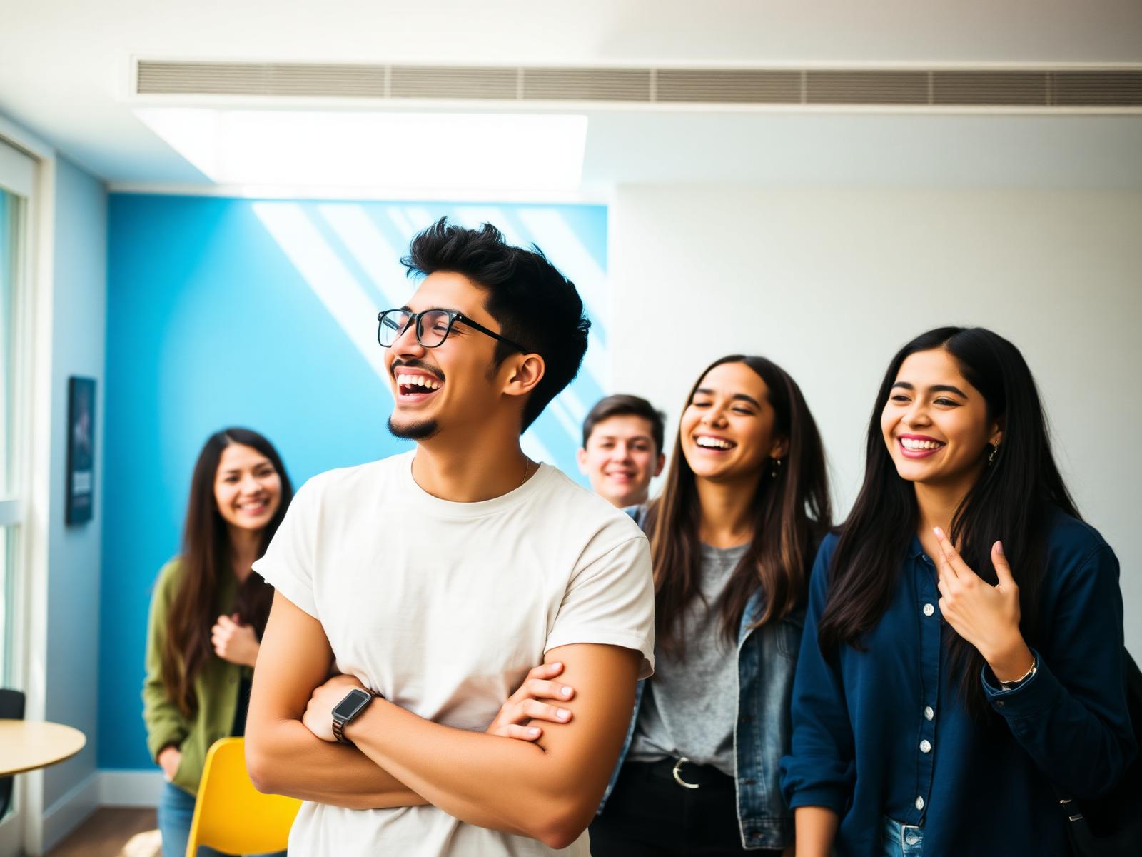 Estudiantes internacionales riendo juntos en la Residencia Argüelles
