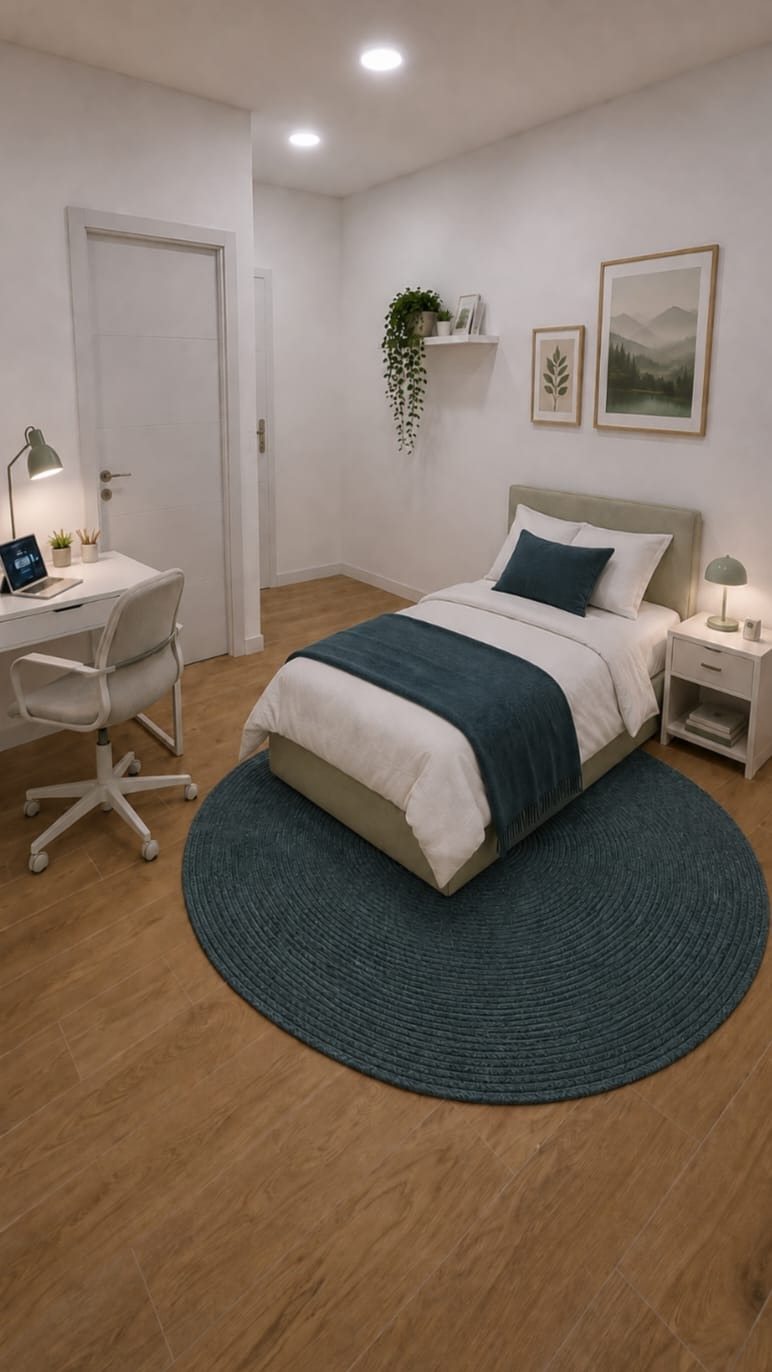 Habitación individual con detalles en azul